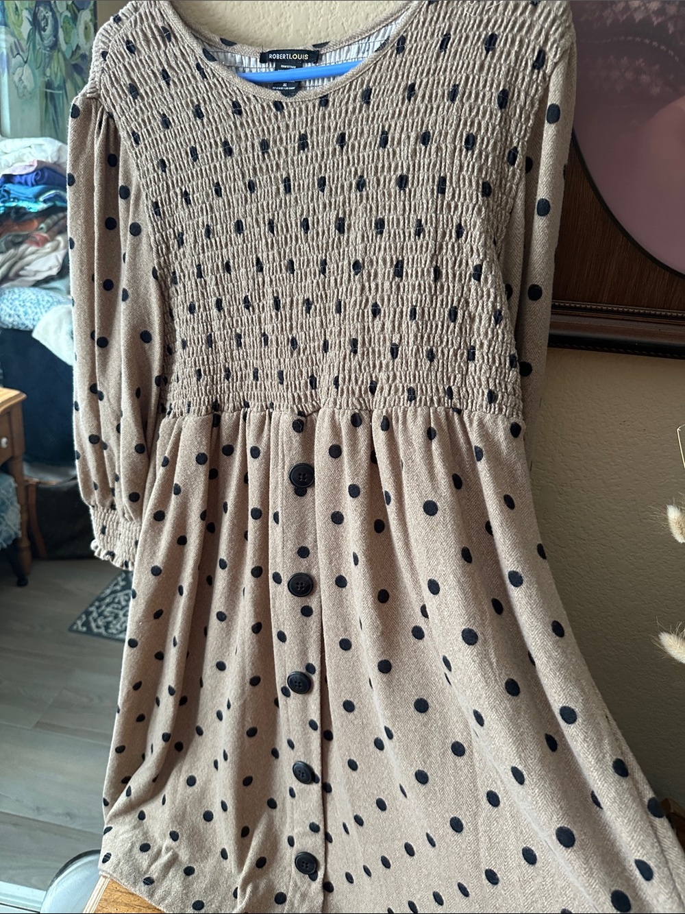 Robert Louis Beige Midi Dress with Black Polka Dots